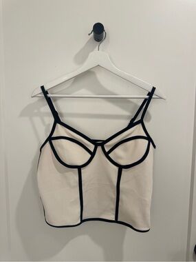 Contrast Trim Ivory Tank Top with Black Piping